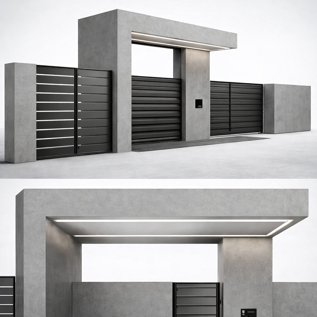 Modern metal sliding gate in underground parking with access control system