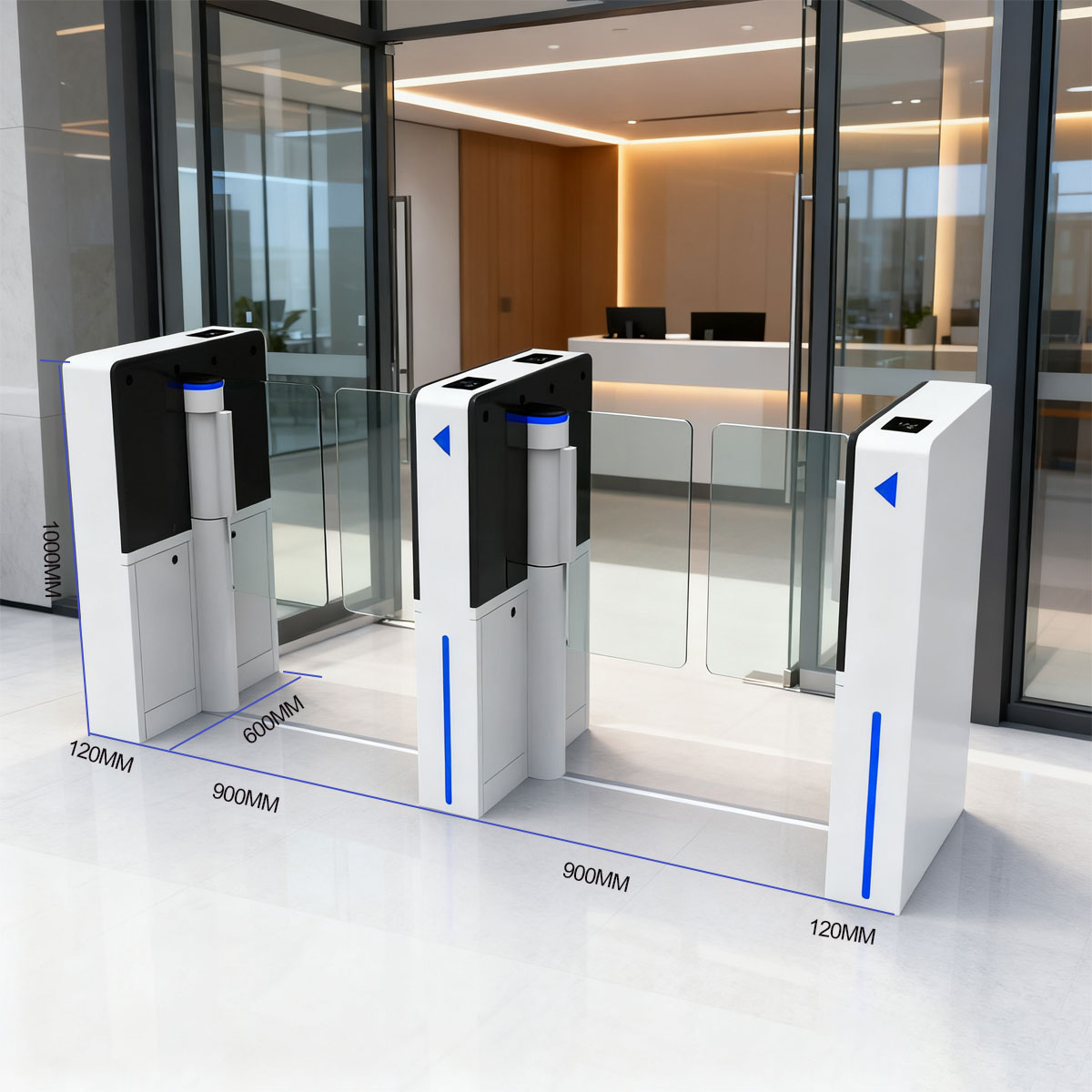 Ժամանակակից ավտոմատ տուրնիկետ թափանցիկ ապակե փեղկերով, սև-մոխրագույն կորպուսով և կանաչ LED լուսային ցուցիչով՝ մուտքի վերահսկման համակարգի համար