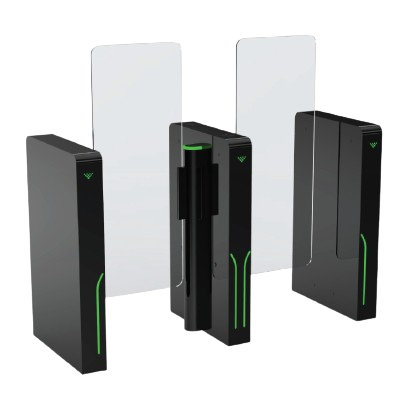 Ժամանակակից ավտոմատ տուրնիկետ թափանցիկ ապակե փեղկերով, սև-մոխրագույն կորպուսով և կանաչ LED լուսային ցուցիչով՝ մուտքի վերահսկման համակարգի համար