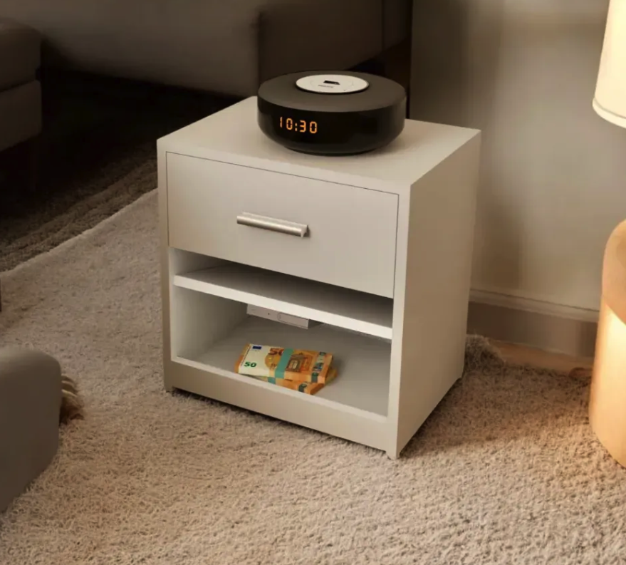 white bedside table with drawer and RFID access for secure storage