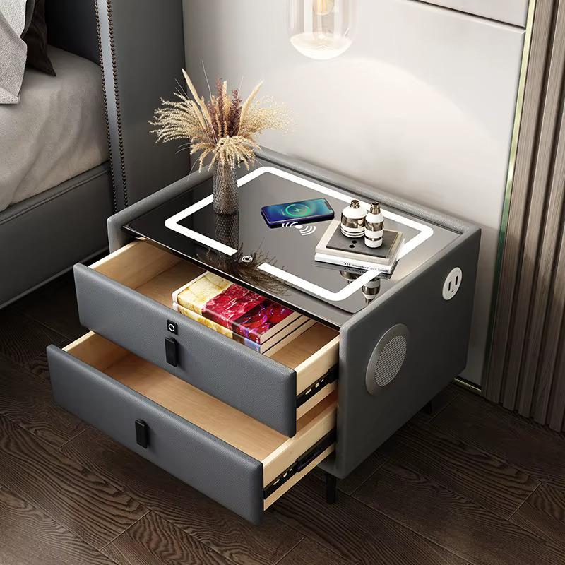modern smart bedside table with bluetooth speaker wireless charging and led lighting with drawers