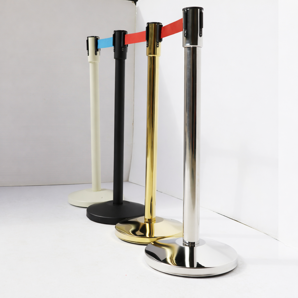 Metal retractable belt queue barrier stand for crowd control and queue management systems