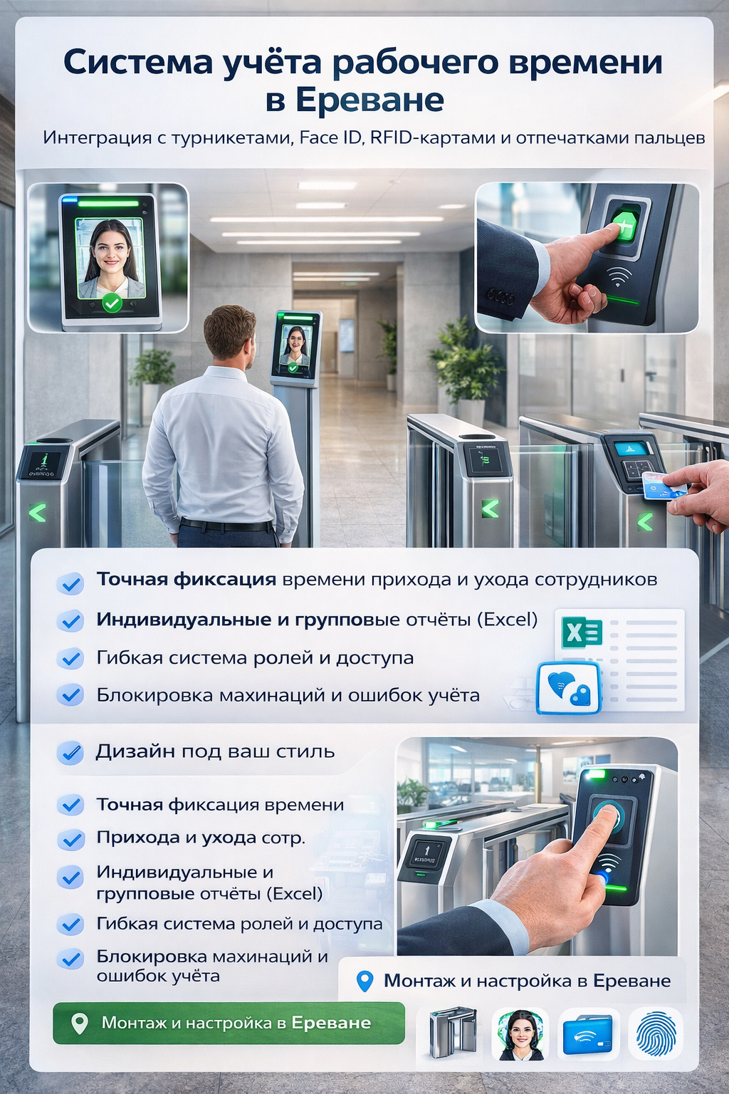 Employee time tracking system in Yerevan with turnstiles, Face ID, RFID and access control solution