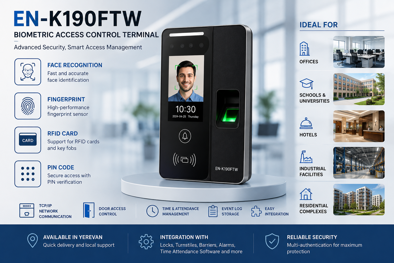  Professional biometric access control device EN-K190FTW for offices, warehouses and businesses in Yerevan